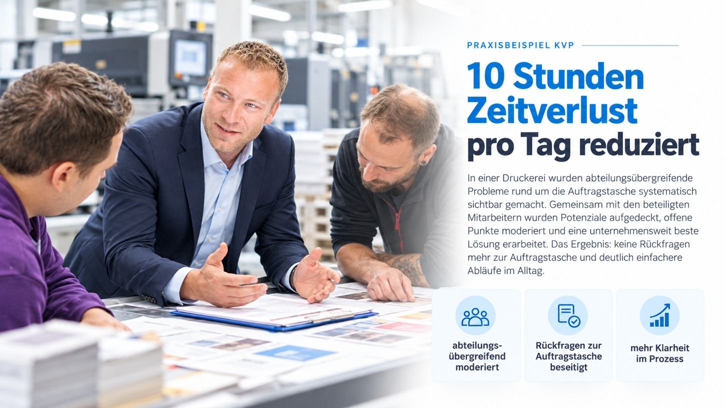 Illustration eines abteilungsübergreifenden Verbesserungsgesprächs in einer Druckerei